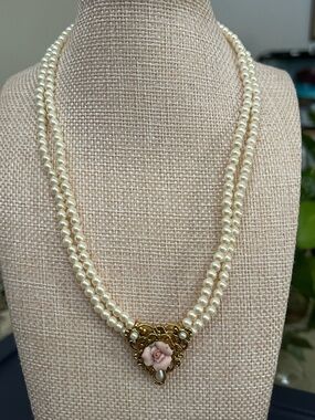 1928 Gold-Tone Double Pearl Necklace with Pink Rose Accent